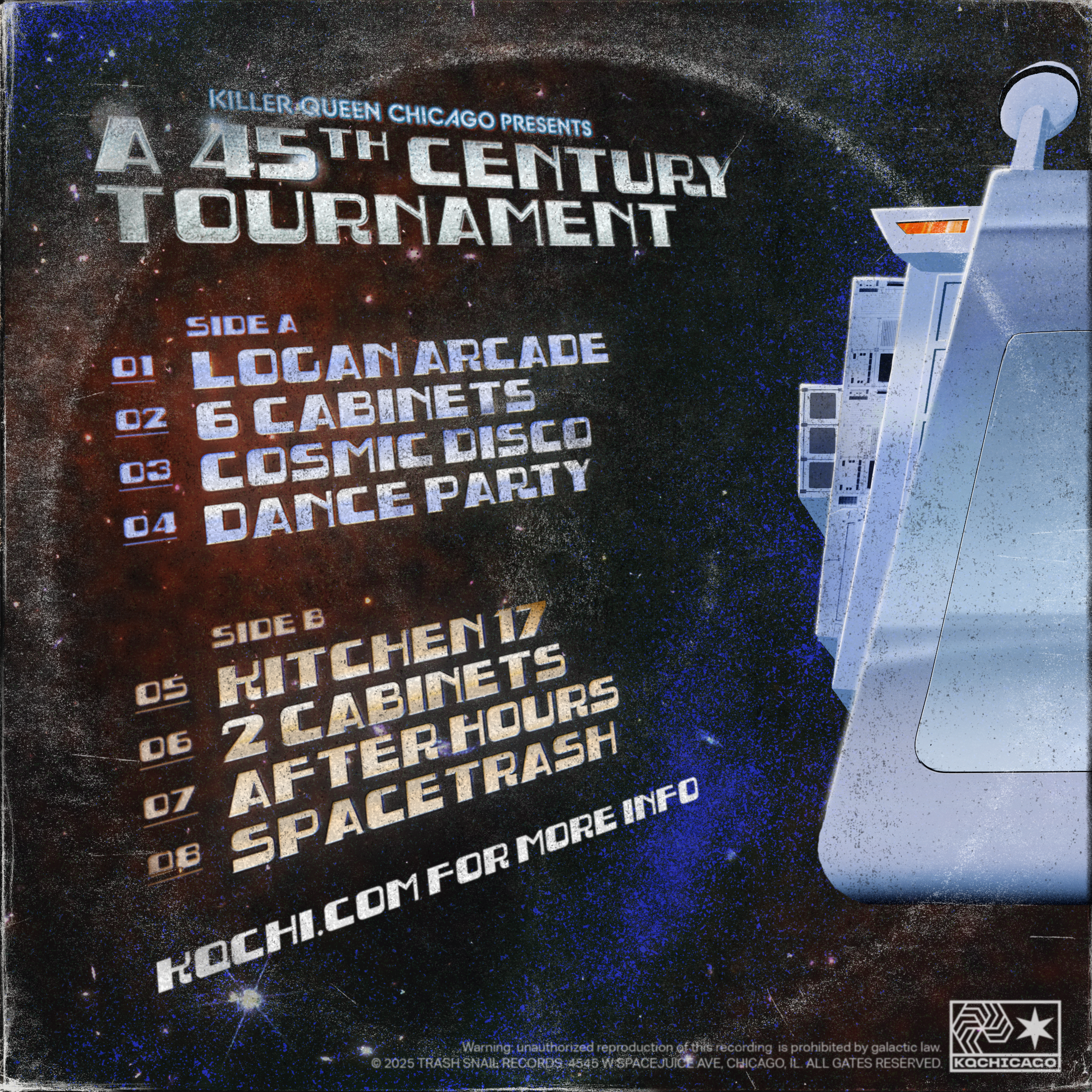 Back of album with tracklist noting KQ45 tournament at logan arcade and kitchen 17
